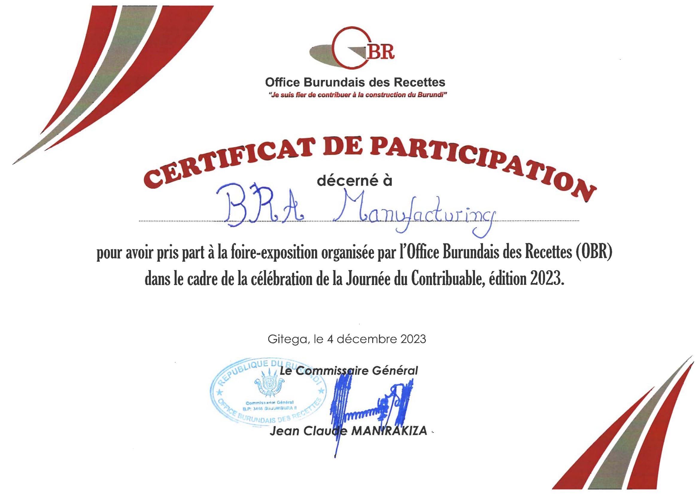 Certificate Of OBR Given at Gitega